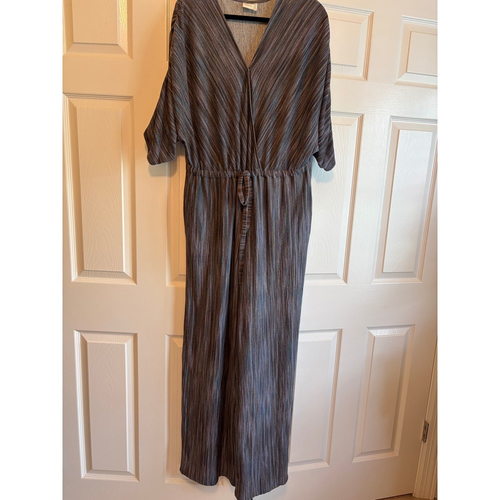 Suzanne Betro Simple Gray Blue Striped Wrap V-Neck Wide Leg Jumpsuit 1X